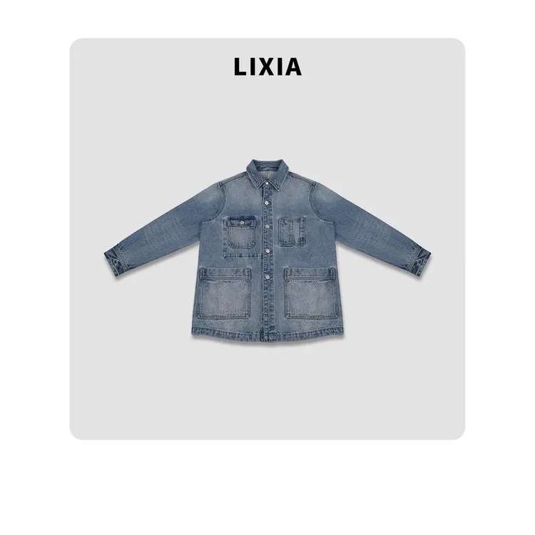 LIXIA【时光洗牛仔】翻领复古休闲感水洗多口袋牛仔外套-D8780