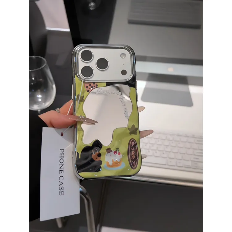 ins风适用苹果17pro电镀波浪镜面手机壳iphone15/华为P80镜子小狗