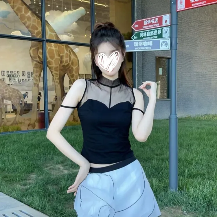 YIDENG韩系网纱拼接透视T恤女修身设计感性感纯欲短款黑色上衣女