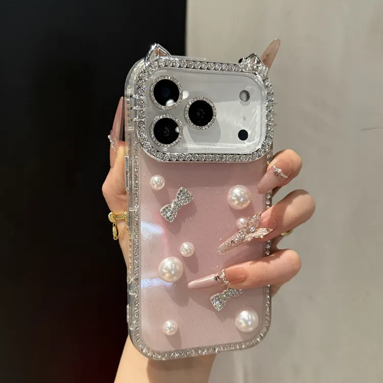 高级双面镶钻珍珠猫咪适用苹果17promax手机壳iPhone16pro时尚15