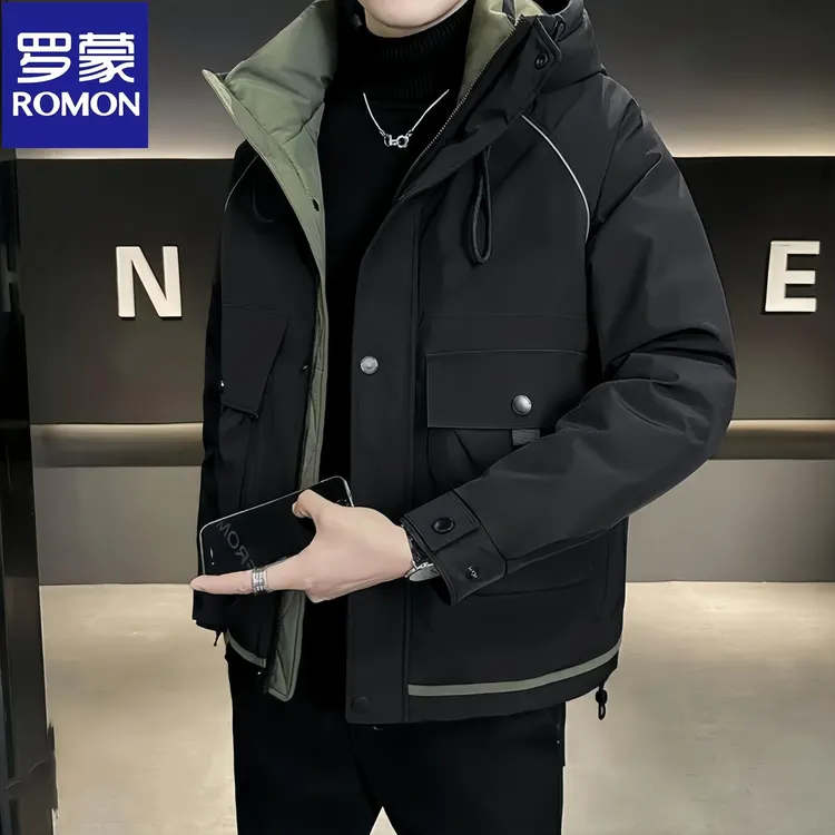 Romon/罗蒙冬季新款男士短款修身羽绒服户外潮流工装连帽防风外套