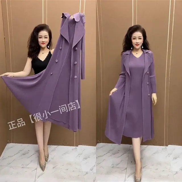2025春季新款褶皱长款外套裙女收腰显瘦气质妈妈色假两件连衣裙