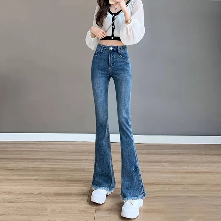 侧开叉微喇牛仔裤女高腰秋季2025年新款小喇叭裤显瘦毛边长裤子女