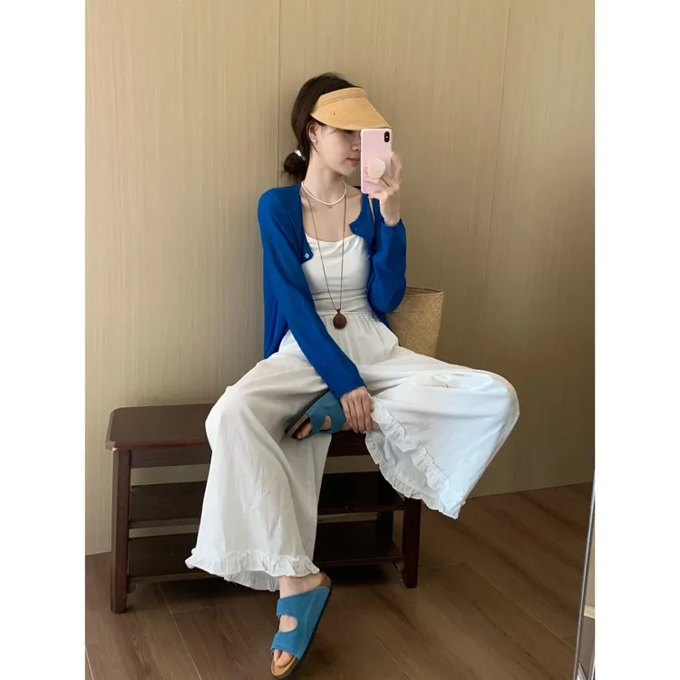 2025短款蓝色针织开衫白色上衣女夏季薄款长袖上衣两件套裤子套装