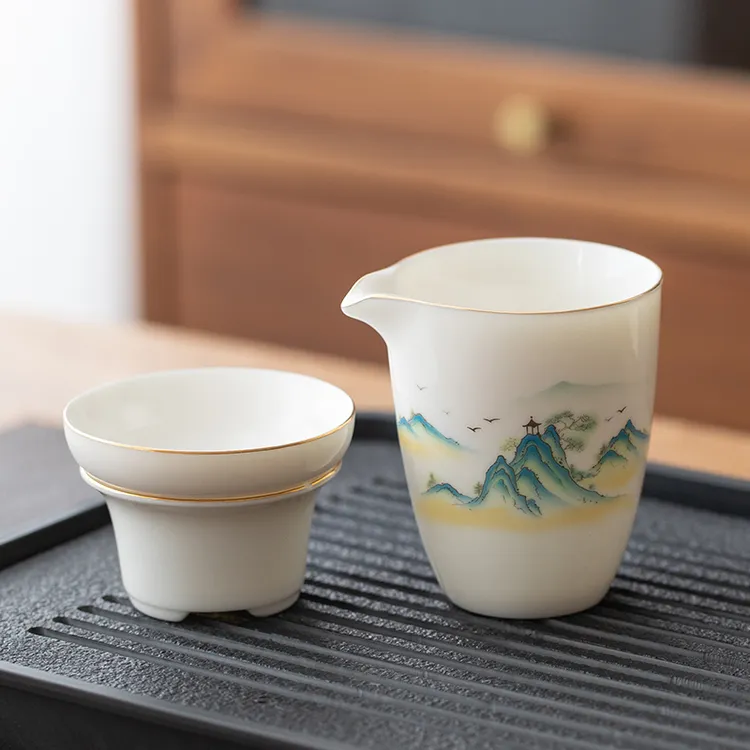 羊脂玉白瓷茶具配件手绘山水描金公道杯茶海全瓷过滤组分茶器茶漏