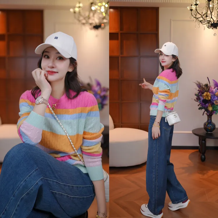 JDND轩羽【彩虹针织】100%羊毛拼色休闲刺绣条纹针织小衫XY25507