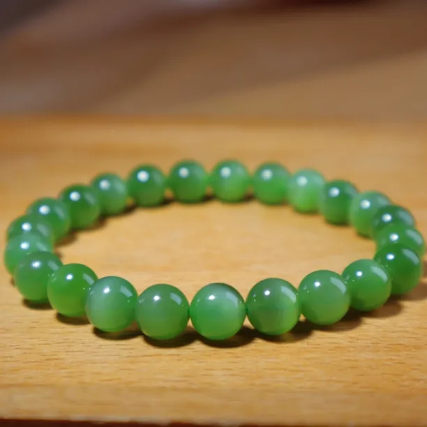 天然和田玉俄料碧玉猫眼精品圆珠约8mm手链素单圈手串经典款@0003