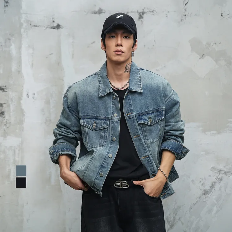 鹿家门经典牛仔外套美式复古型男水洗做旧大码男运动茄克休闲夹克