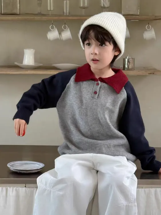 男童毛衣2025新款儿童针织衫秋冬韩版拼色洋气加厚翻领polo领潮