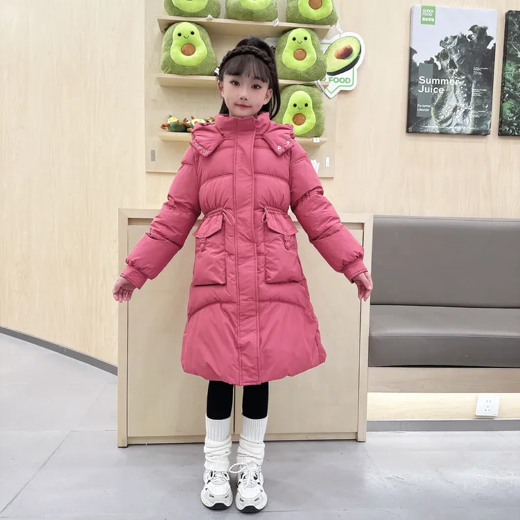 女童长款过膝棉服冬装2025新款儿童洋气时尚加厚收腰棉衣袄外套潮