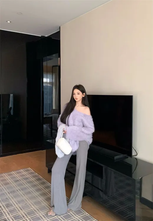 氛围感露肩长袖套头毛衣保暖宽松慵懒针织毛衣上衣#22780