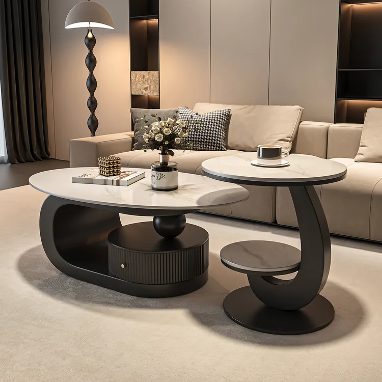 意式轻奢岩板椭圆形茶几桌小户型现代简约极简客厅家用高级感设计