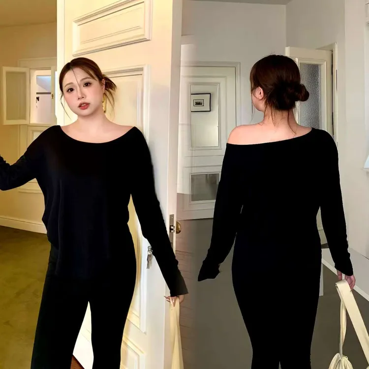 【常规款】大码打底上衣遮裆遮臀显瘦U领长袖秋冬运动休闲普拉提T恤