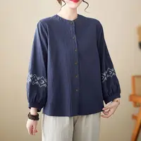【清货+运费险】棉麻长袖女装衬衫装重工刺绣花圆领上衣HD309