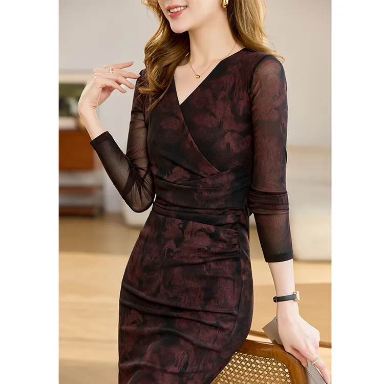 秋冬时尚网纱裙子女长袖2025新款秋装连衣裙显瘦女人味优雅长裙女