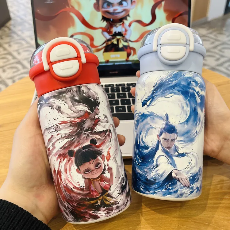 哪吒水杯哪吒保温杯儿童上学吸管杯卡通不锈钢学生大容量敖丙水杯