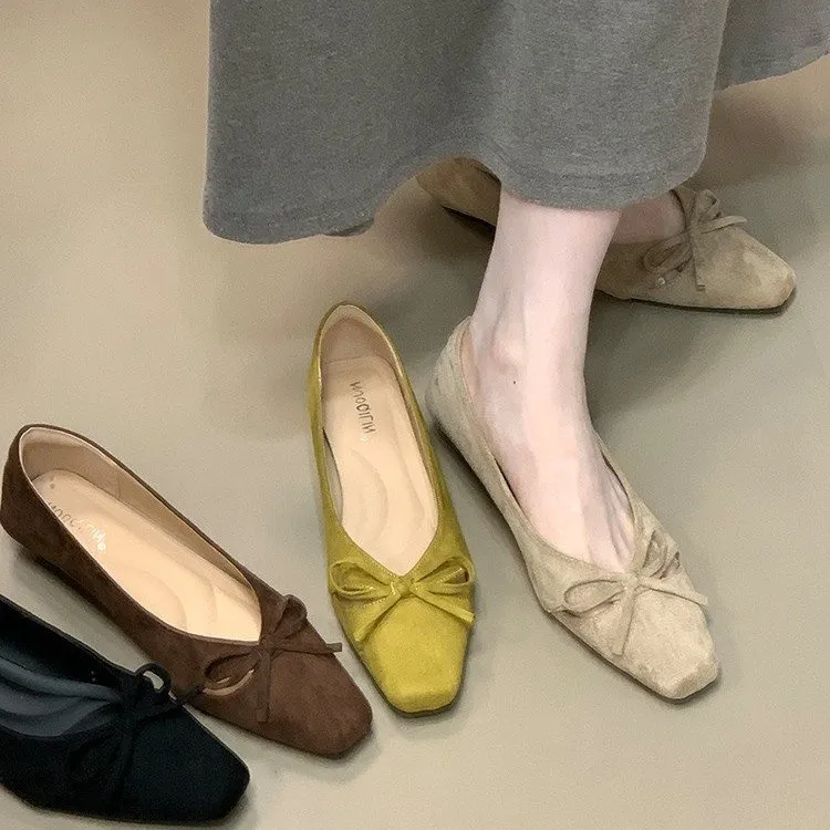 法式复古绒面一脚蹬方头2025新款单鞋女蝴蝶结镂空平底气质晚晚鞋