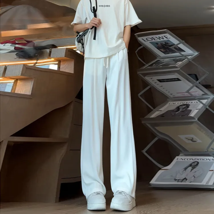 白色薄款冰丝裤夏季透气冰爽垂坠感长裤直筒休闲阔腿宽松凉凉裤子