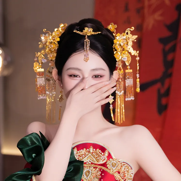 合金婚庆饰品 新娘新中式琉璃花朵眉心坠秀禾服龙凤褂发饰D0446Y