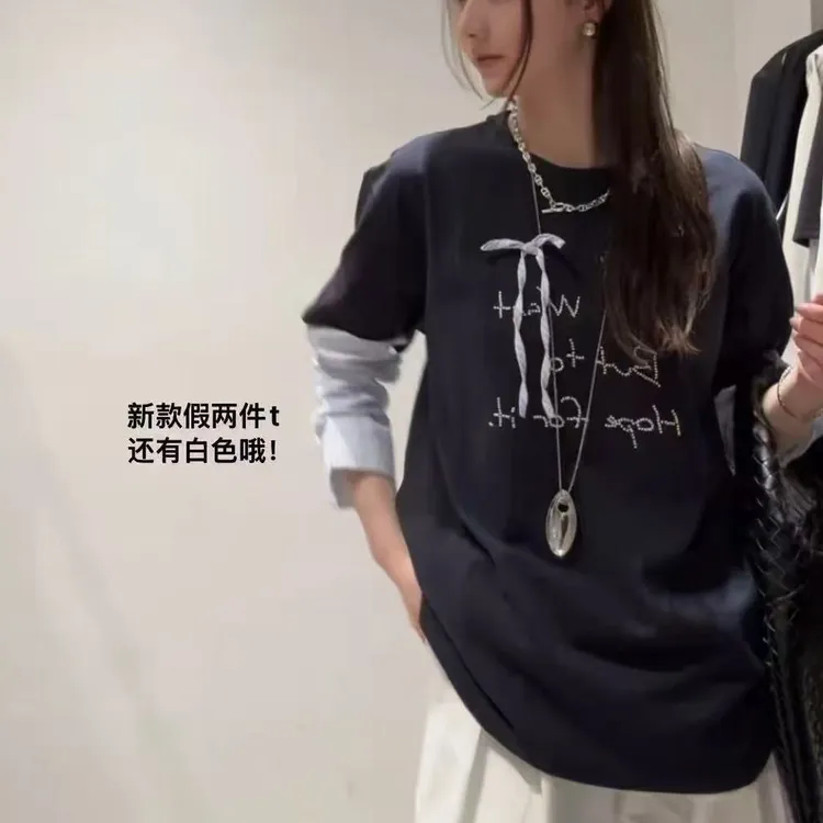新款时尚减龄假两件圆领休闲百搭长袖T恤