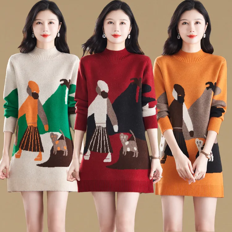 时尚减龄卡通提花中长款毛衣裙毛衣女秋冬宽松内搭加厚针织打底衫