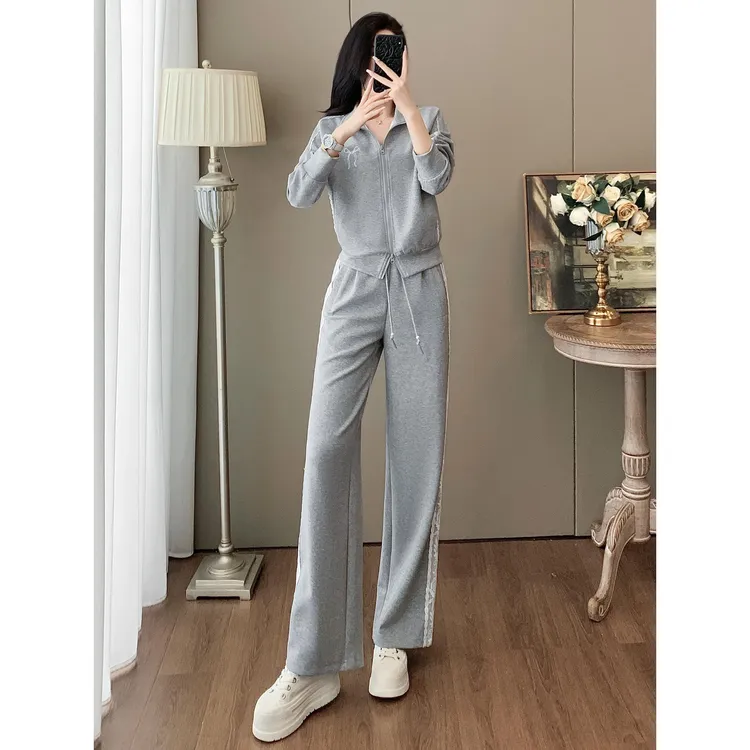 休闲运动套装女秋装穿搭一整套正肩显瘦灰色短款卫衣直筒裤两件套