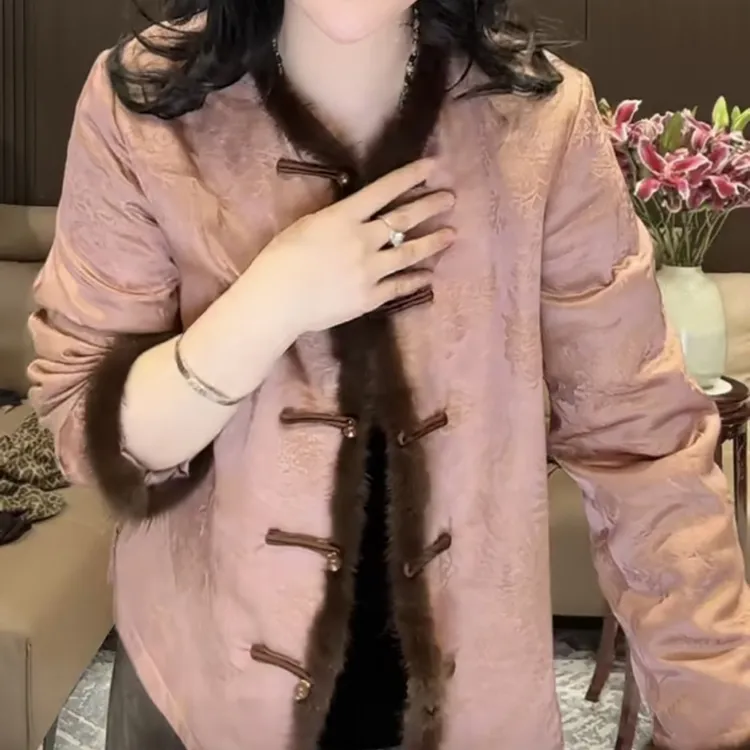 圆领长袖印花新中式短外套女士民族风拼色复古秋冬季唐装棉服气质