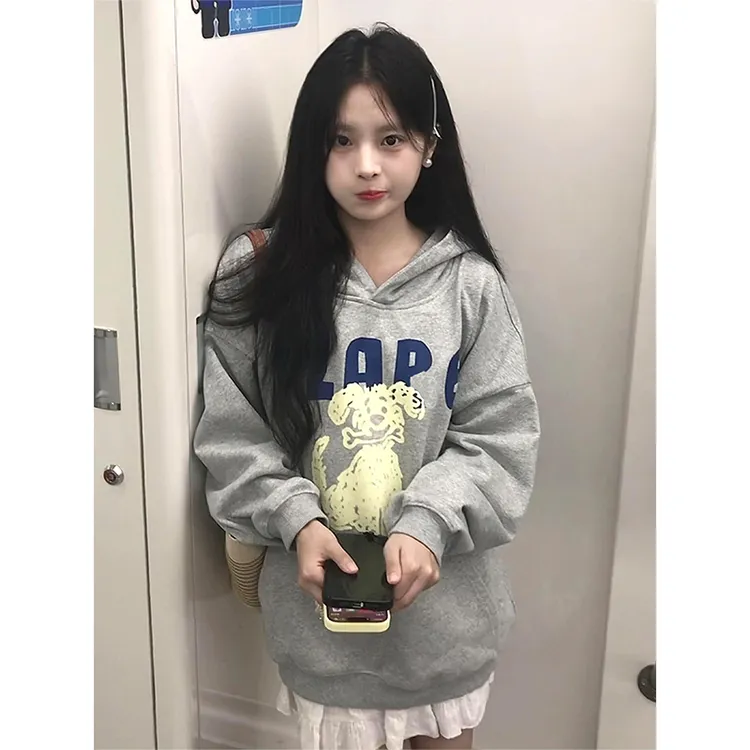 美式灰色连帽卫衣女秋季小狗印花重磅情侣帽衫外套宽松慵懒风上衣