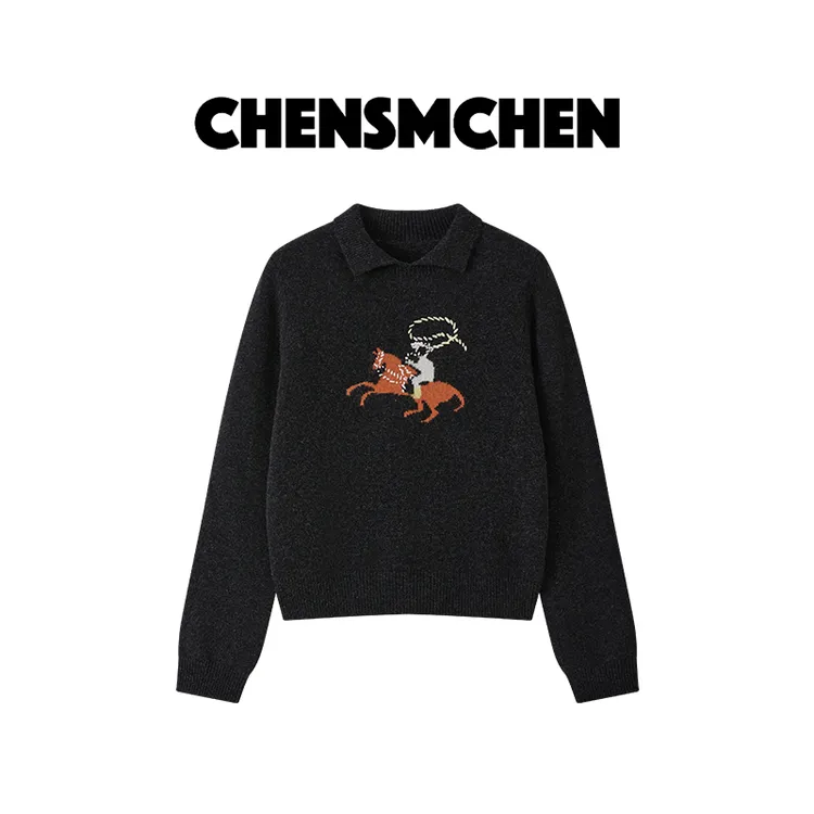 CHENSMCHEN 绵羊毛套头针织衫女装秋冬时尚翻领印花毛衣CSZ8925JX