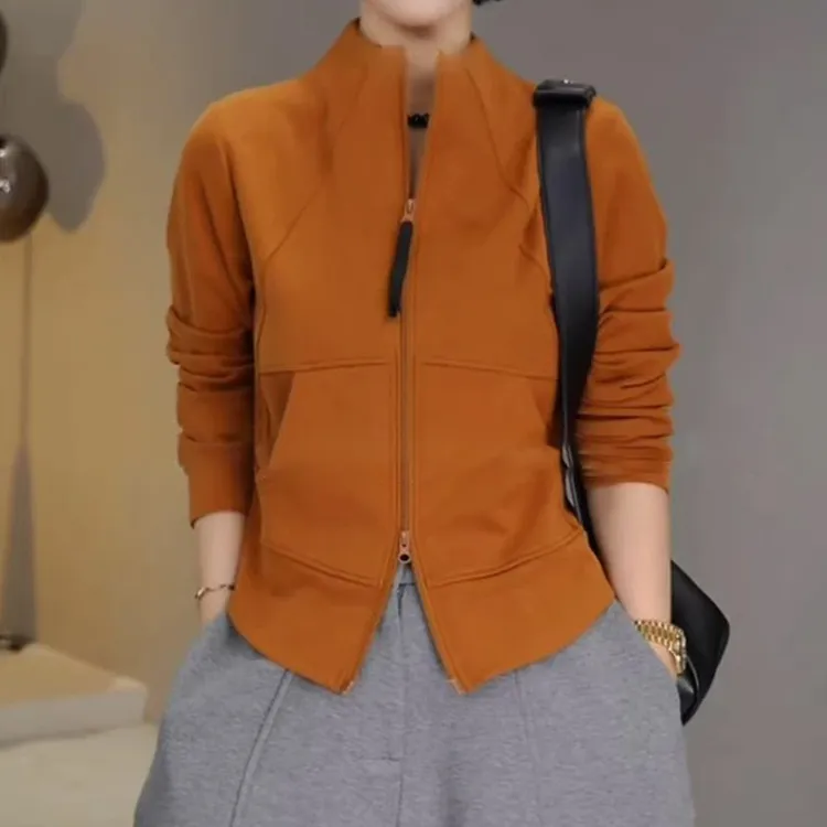 2025年秋季新款时尚双拉链立领弧形短款上衣双腰线百搭夹克外套女