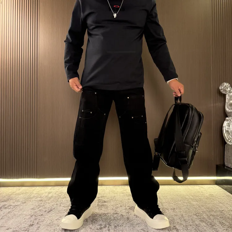美式高街拼接宽松直筒黑色牛仔裤秋冬新款简约百搭伐木工装长裤