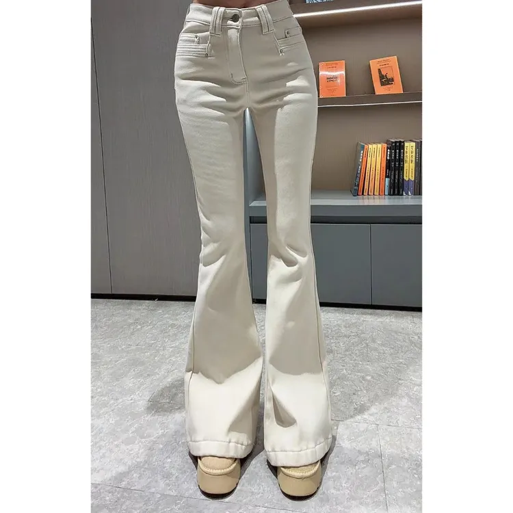 曼曼【微喇神裤~】韩版简约修身加绒牛仔喇叭裤Z1651#