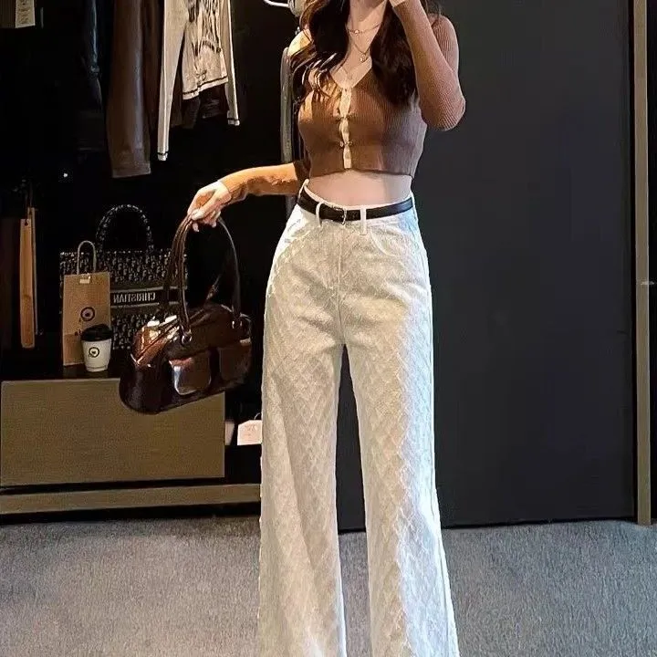 2025春夏薄款高街白色菱形提花阔腿牛仔裤女高腰显瘦休闲裤子