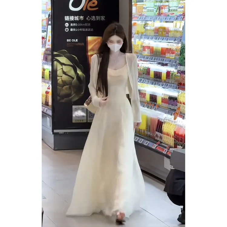 法式温柔简信淡颜夏日法式气质荡领高腰显瘦连衣长裙开衫两件套女