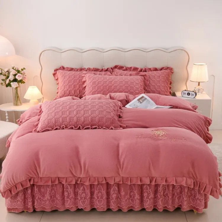 【热卖爆款】新款公主风秋冬季牛奶绒夹棉床裙四件套纯色床盖三件套