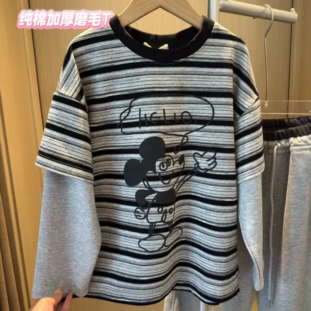 男童灰色条纹纯棉T恤衫卡通印花洋气假两件打底上衣女童圆领宽松