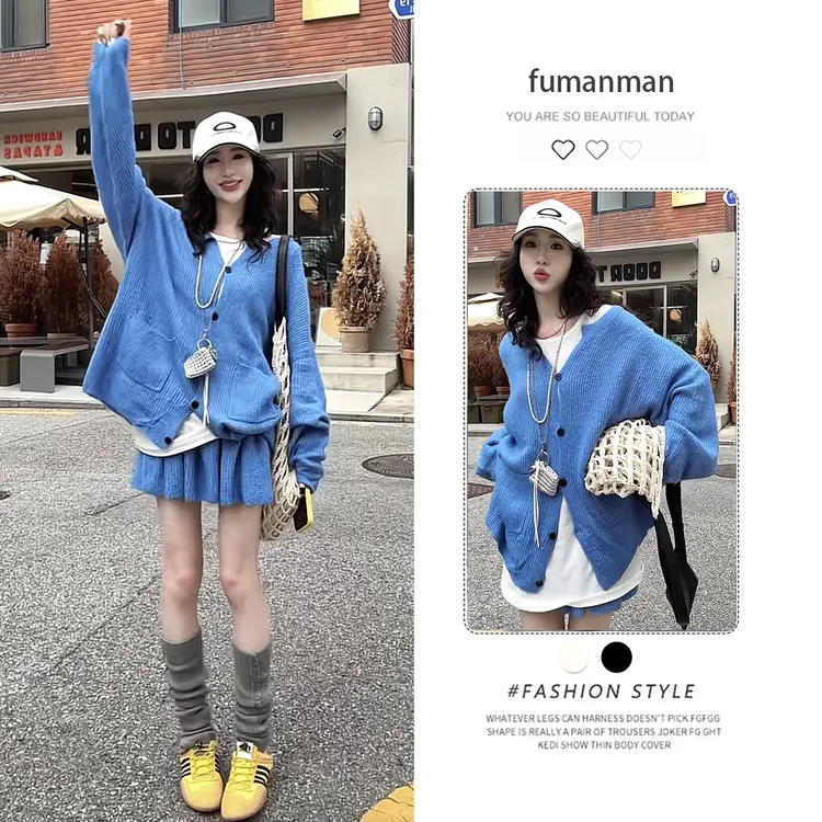 秋季套装女2025新款韩系克莱因蓝V领长袖针织开衫高腰短裙两件套