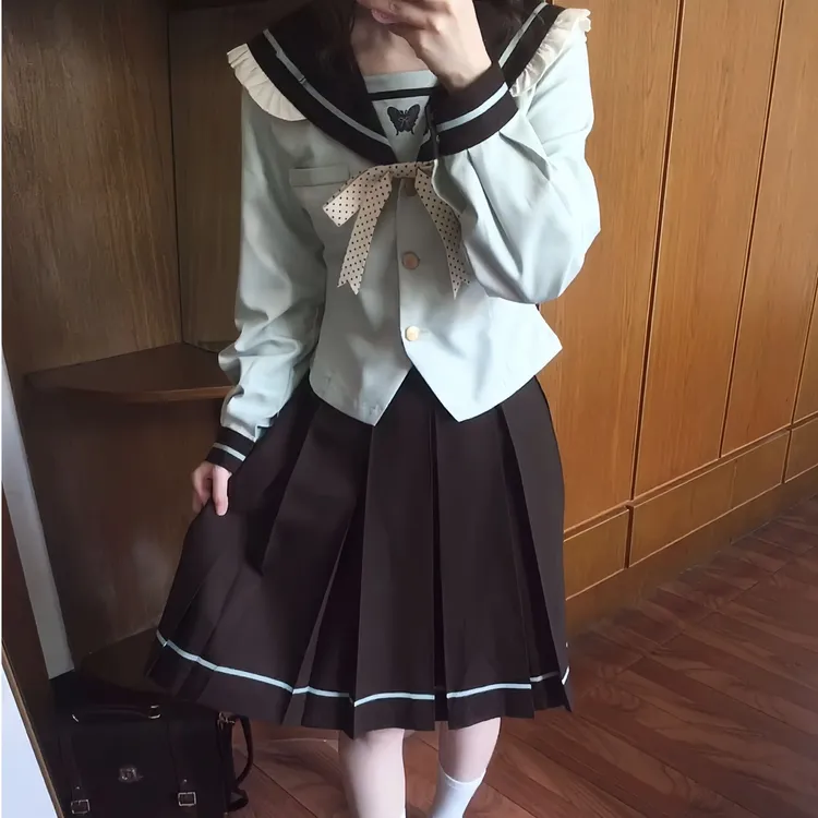 张不烦原创【薄巧蝶心】秋季薄荷绿色长袖款水手服中间服jk