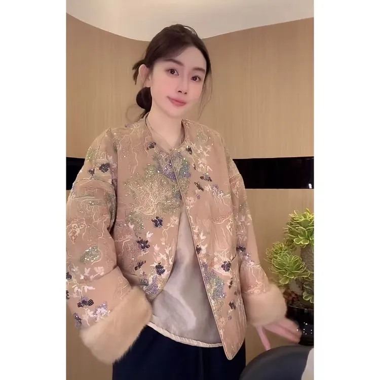 ZHUIMU.【琉璃时光】新中式国风重工亮片刺绣水貂毛棉外套ZM1053.