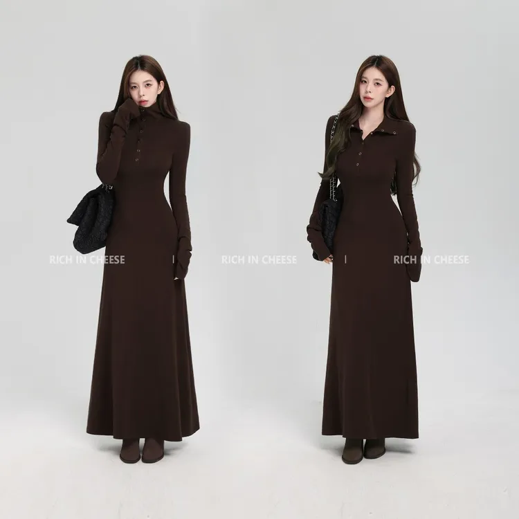 舒胡蕾 秋冬摩卡 大女主两穿可翻领可立领收腰显瘦弹力收腰连衣裙