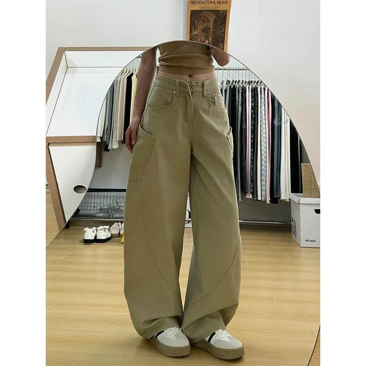 高个子松弛感工装牛仔裤女秋季新款卡其色弯刀设计感百搭阔腿长裤