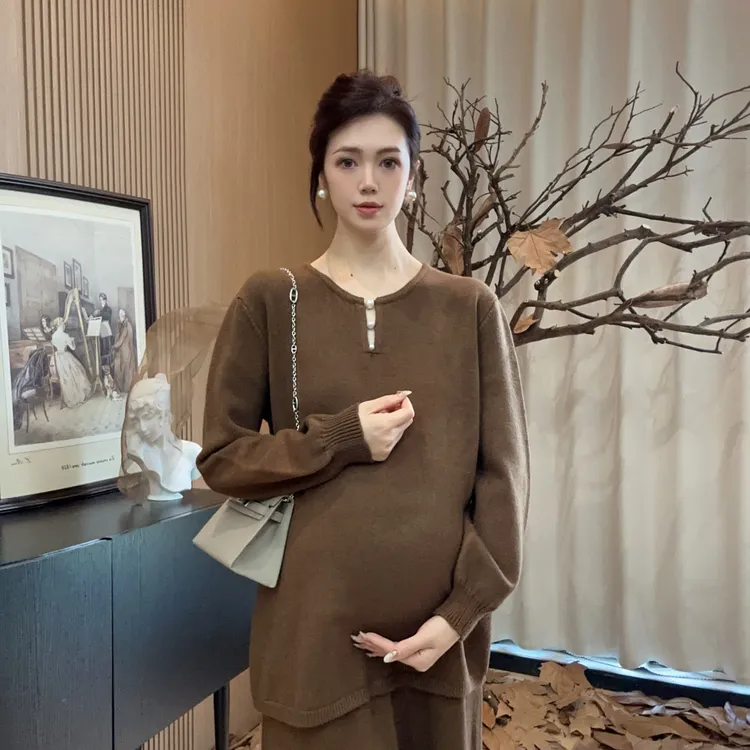 Zoey孕妇装［珍珠女神］秋冬新款针织毛衣简约气质上衣搭半裙套装