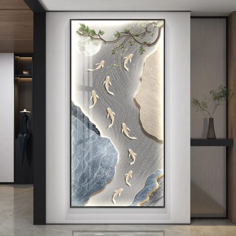 led带灯九鱼图轻奢入户玄关装饰画竖版走廊过道挂画简约现代高档