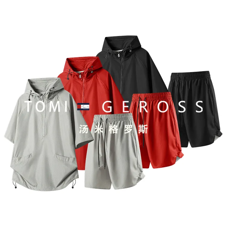 拉链夏季男套装裤子上衣休闲户外半开戴帽运动透气宽松