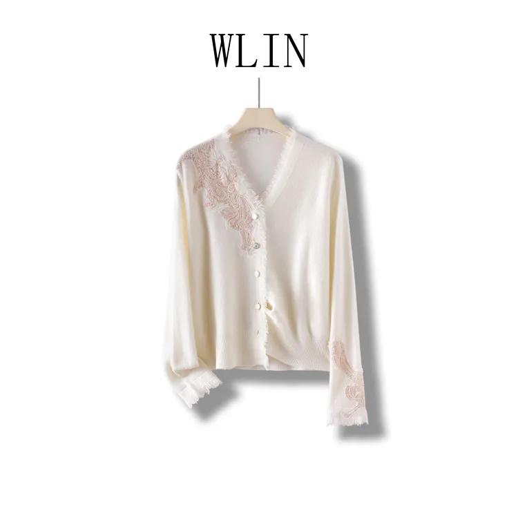 WLIN 百分百羊毛女士轻奢拼接毛衣针织开衫WL61092