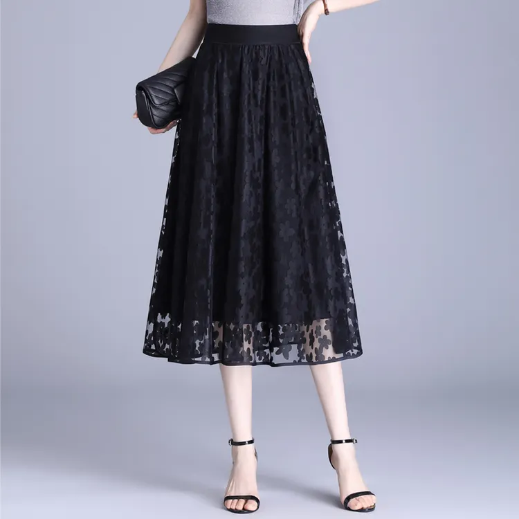 黑色网纱半身裙女春秋2025新款松紧腰显瘦垂感a字裙中长通勤伞裙
