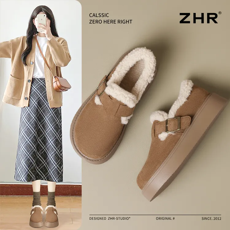 ZHR/则则加绒厚底勃肯鞋女2025冬新款轻便INS棉鞋全包百搭雪地靴