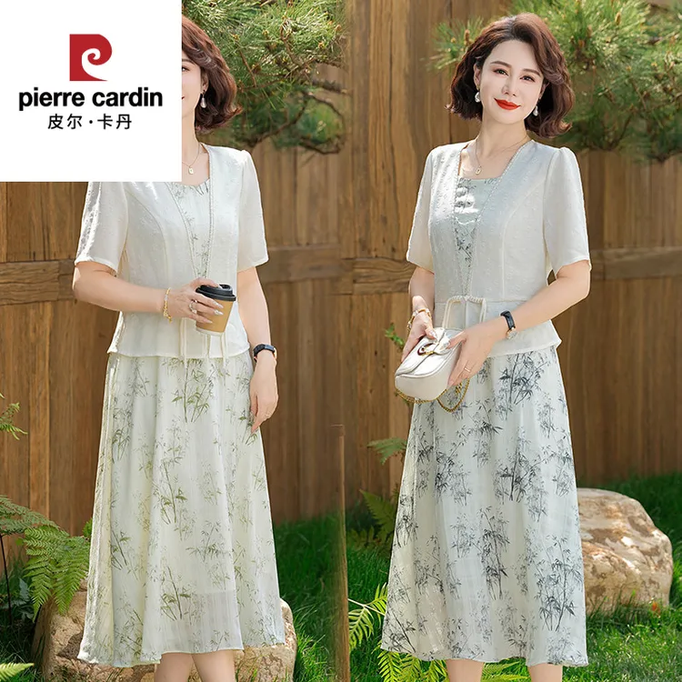 中老年妈妈新中式短袖气质连衣裙女夏季新款时尚洋气显瘦雪纺裙子