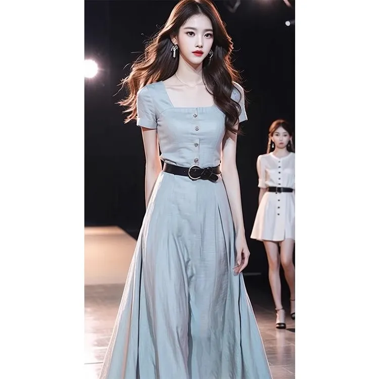 2025新款轻奢高级感长裙法式气质绝美蓝色方领收腰连衣裙子女夏季