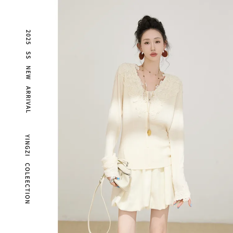 颖子定制【优雅心事】时尚蕾丝拼接针织衫秋冬百搭长袖开衫上衣9937